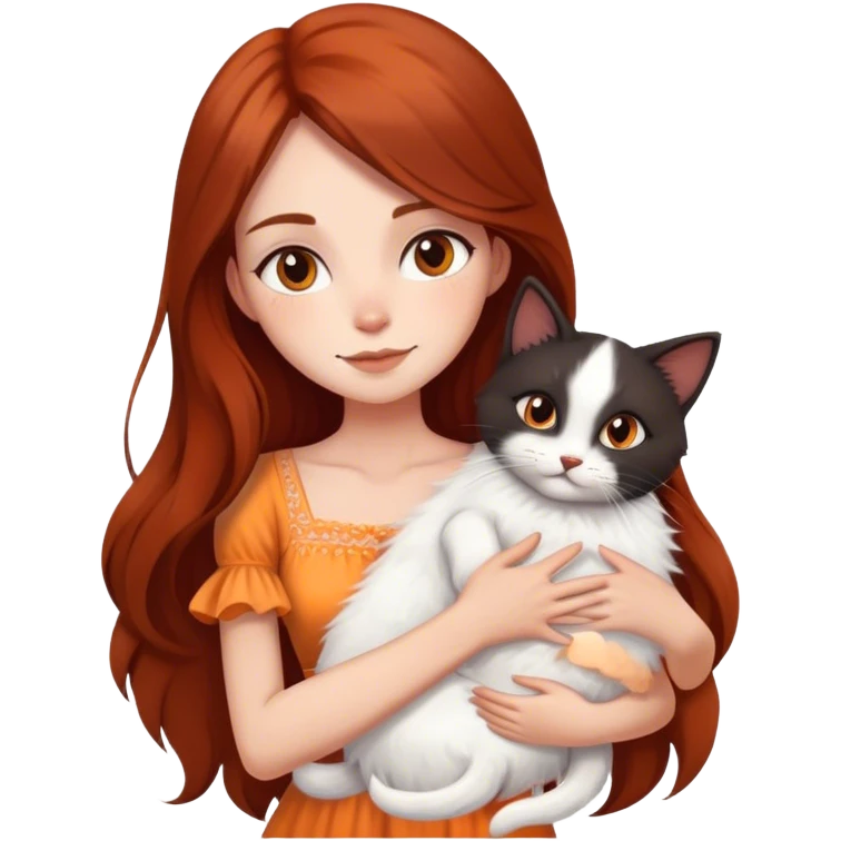 beautiful skinny fair woman with long dark brown-reddish hair in light dress hugging a cat with fluffy black, orange and white fur emoji