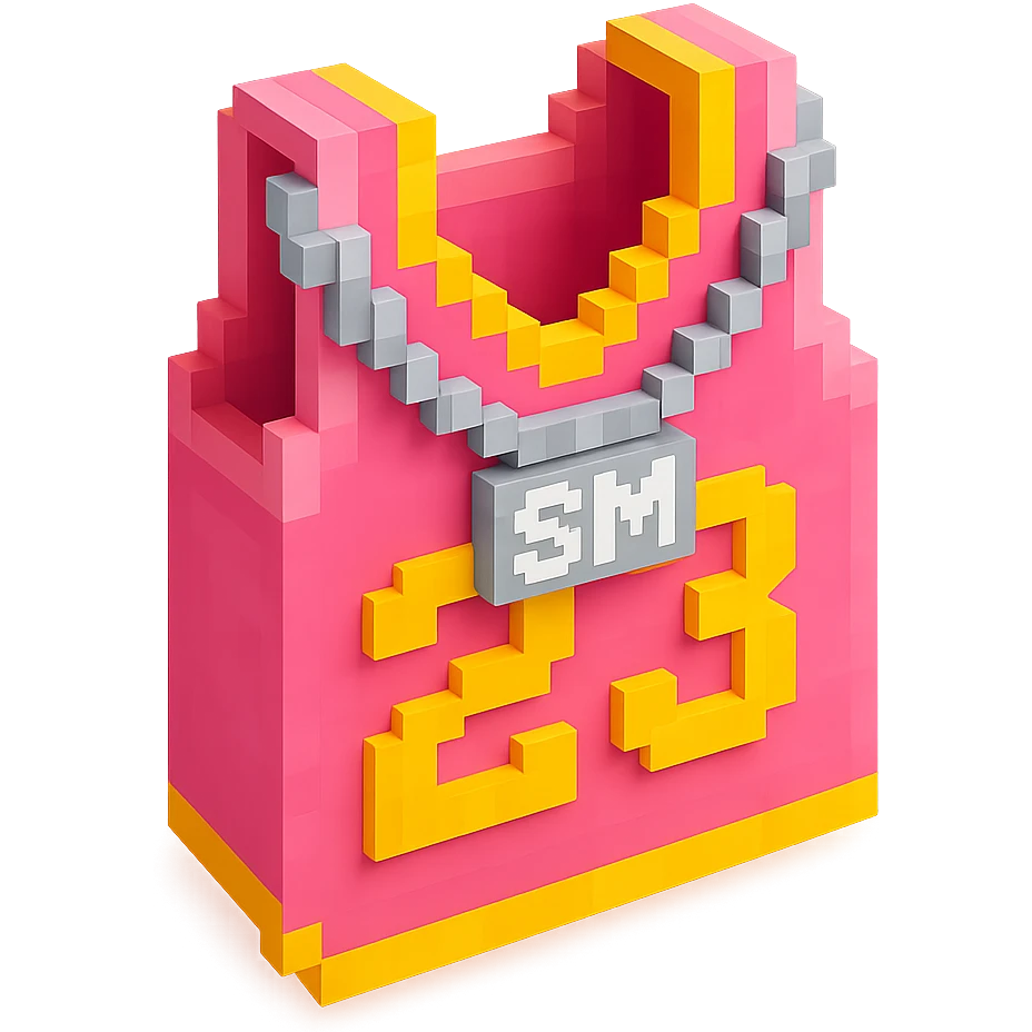 светящейся розовая баскетбольная майка с надписью "23" и серебряная цепь с надписью "SM", no background emoji