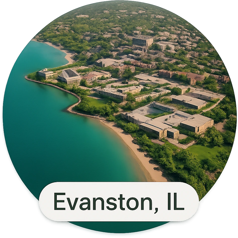 cinematic realistic emoji of Evanston, Illinois, showing a large Lake Michigan shoreline and the Northwestern University campus clearly visible, lifelike detail, accurate colors, bright daytime, no sky, no clouds emoji