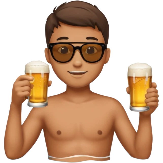 a young dude river tubing wearing sunglasses and swim trunks, drinking a beer emoji