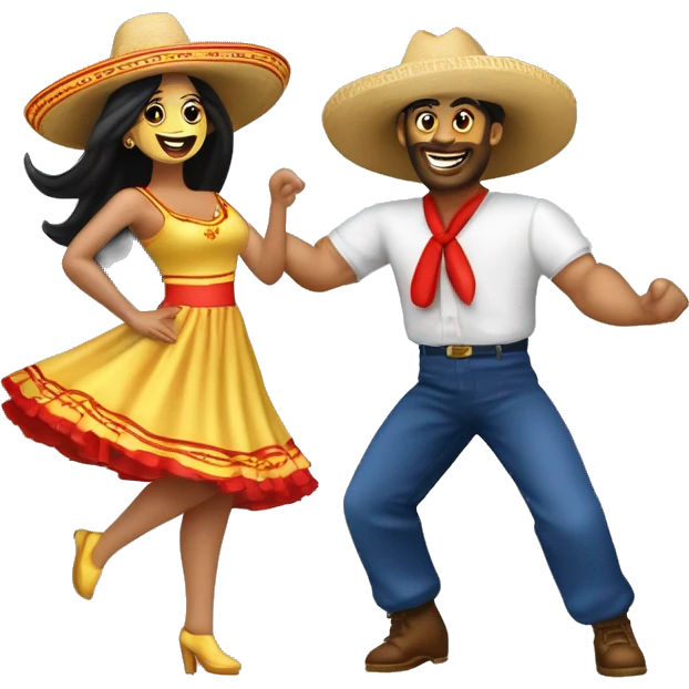 pareja de hombre y mujer bailando danza folcórica chilena llamada cueca. El hombre usa sombrero de huaso y la mujer usa vestido  emoji
