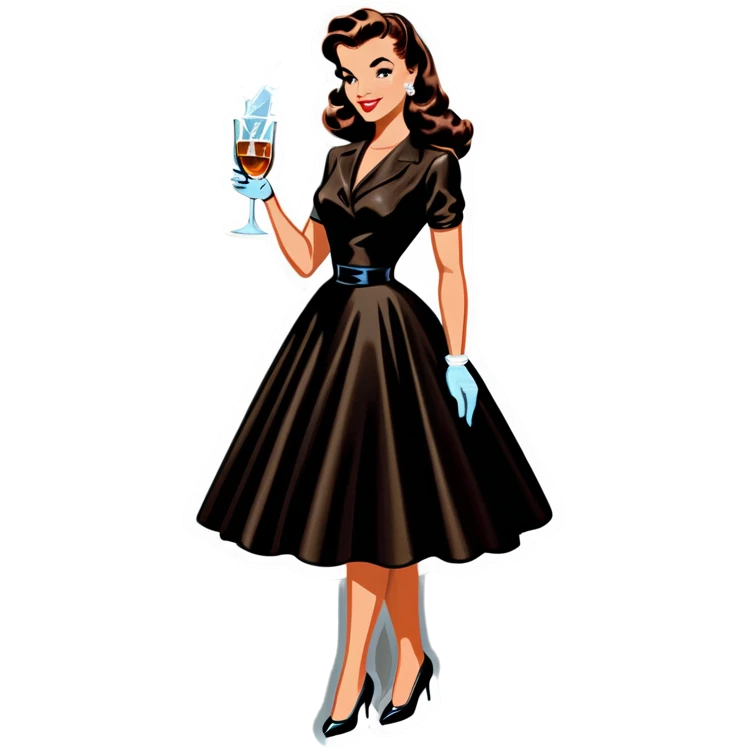 Beautiful woman in 1950’s woman fashion look, black shimmery dress, long dark brown hair, whisky with ice emoji