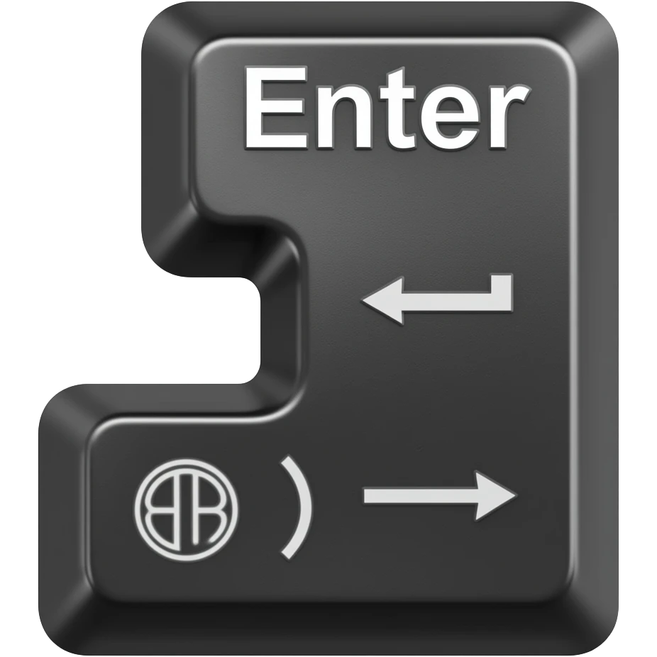 Glossy black L-shaped Enter keycap with a delicious candy-jelly texture. White "Enter" text and return arrow. 3D emoji style, white background. emoji