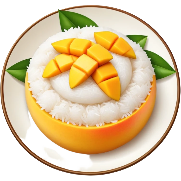 cinematic-realistic-mango-sticky-rice-dessert-emoji,-showcasing-sweet-sticky-rice out of a mould-paired-with-ripe-mango-slices-and-coconut-milk-rendered-with-lifelike-detail-and-warm,-inviting-lighting with the coconut  milk over the rice emoji