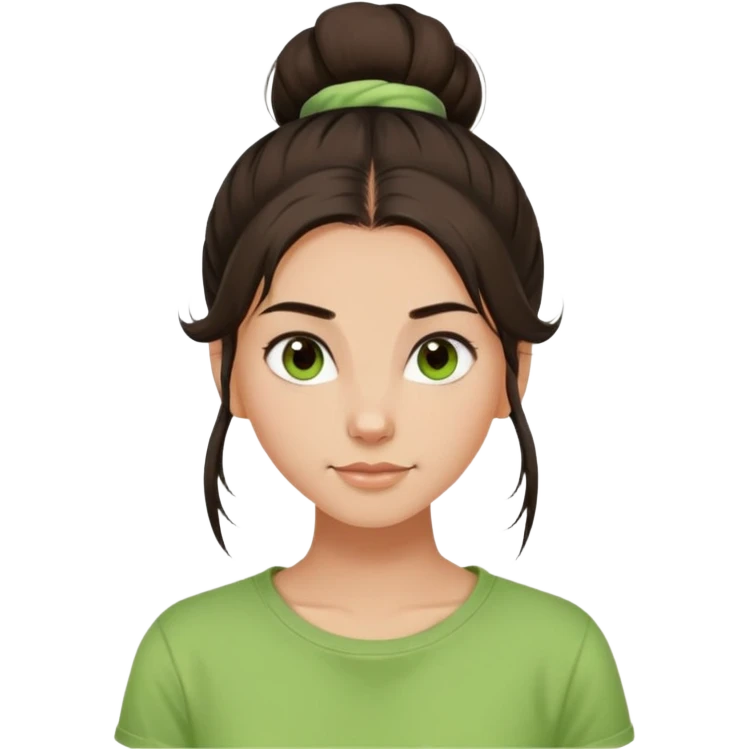 a girl with long dark brown hair with one high disheveled bun in light green t-shirt, a slight smile, dark brown eyes emoji