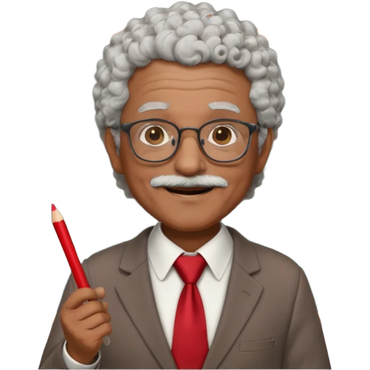 old man teacher, brown skin, curly grey white hai, wearing glasses, brown suit, red tie hold chalk on hand emoji