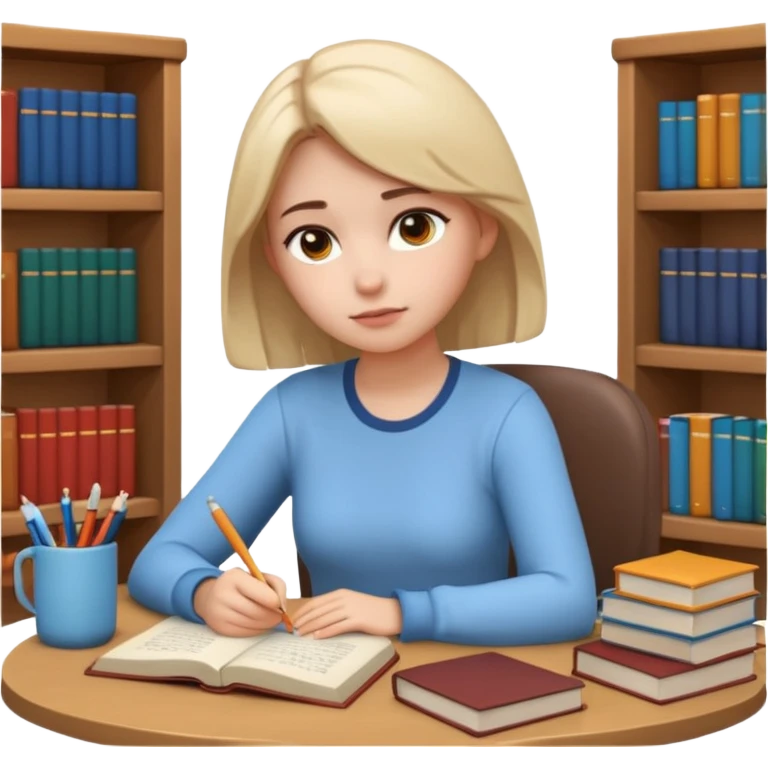 3D emoji style sticker, young woman, white background, sitting at a table with books and a notebook, calmly studying, thoughtful and slightly serious expression, slow focused learning mood, casual outfit, soft lighting, minimalistic, clean astrology emoji style emoji