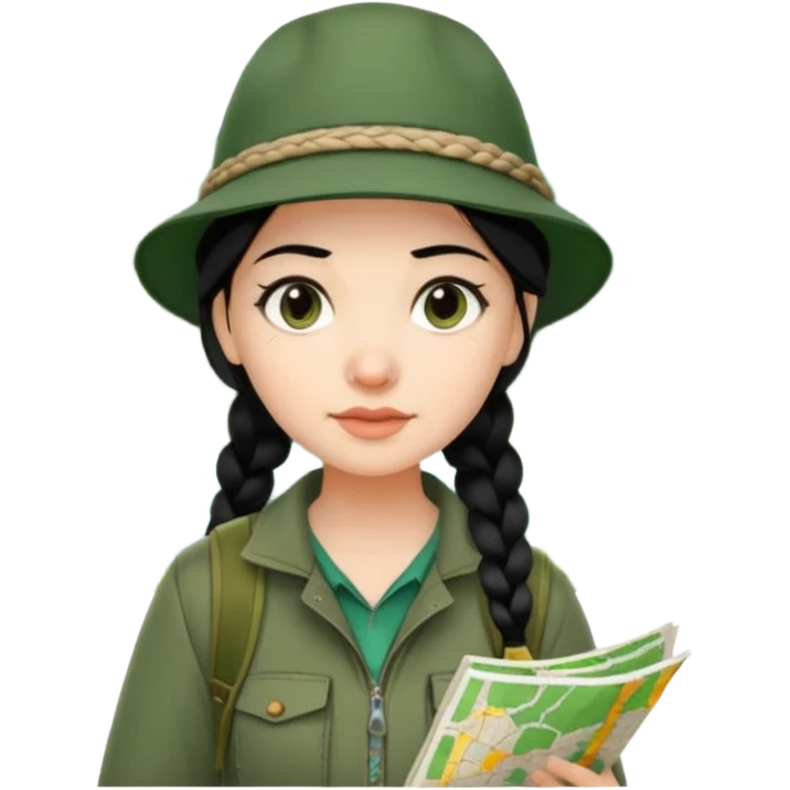 A braid black hair backpacking woman checking her map with curious eyes while walking in the woods with camping hat full body emoji