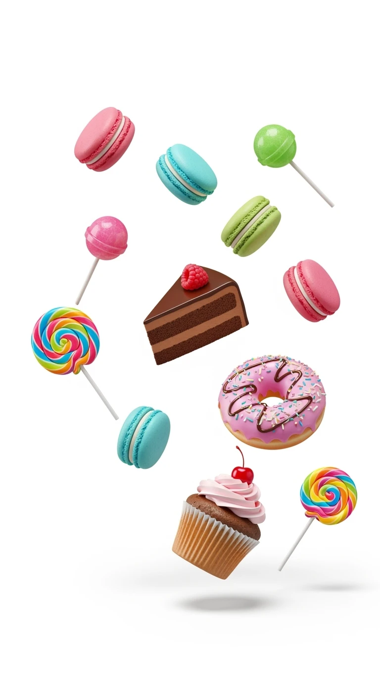 dolci che fluttuano, sfondo bianco emoji