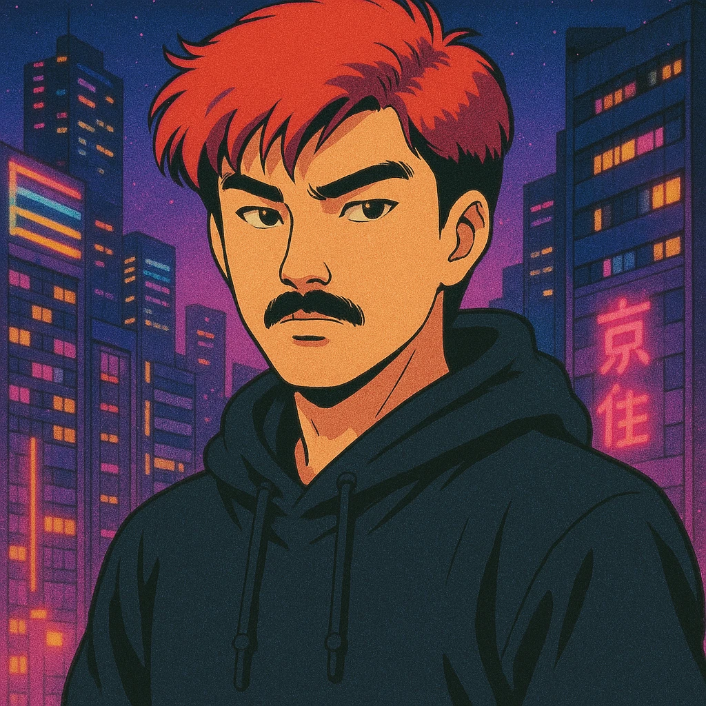 Asian man with black mustache, red hair, black hoodie, in retro-futuristic 80's anime style, city lights background emoji