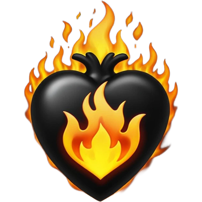 A dark black heart with glowing black flames rising smoothly, giving a mysterious and powerful feel. Transparent background, simple emoji style with a dramatic touch. emoji