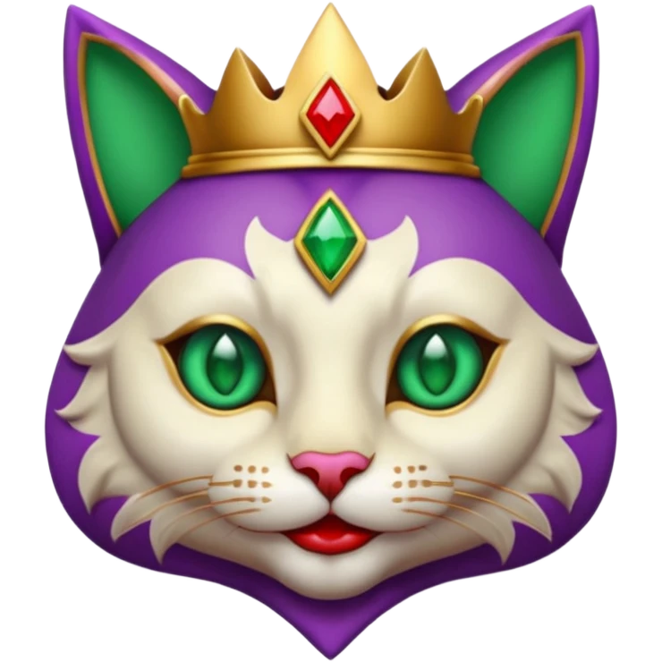 crazy colorful cute little cat jolly joker from poker, medieval, vintage, court jester, mac os icon, purple, gold and red color, half body, emerald green ice eyes, golden earrings. Squared shape as 3D mac os icon, symmetrical emoji