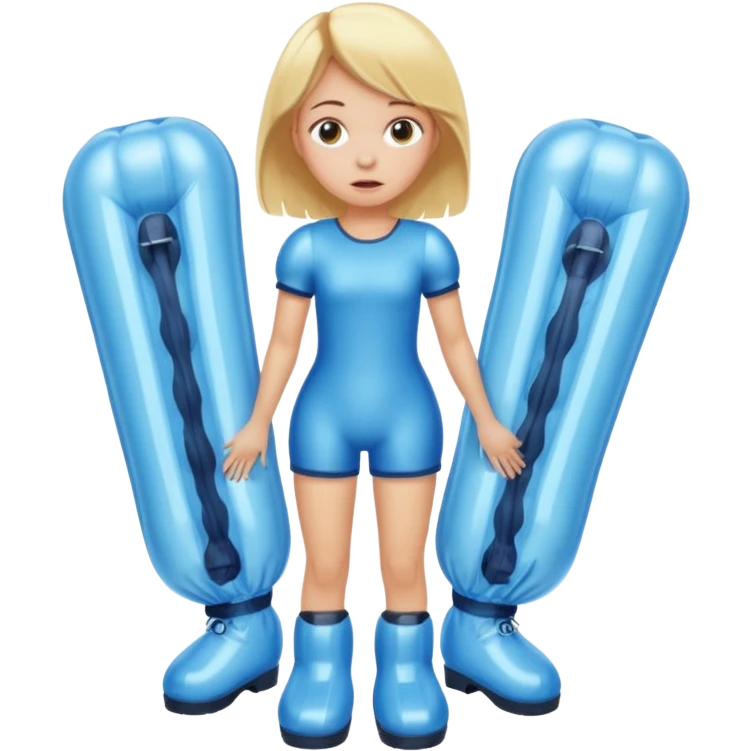 chica rubia con cara de miedo con unas botas  de presoterapia inflables emoji