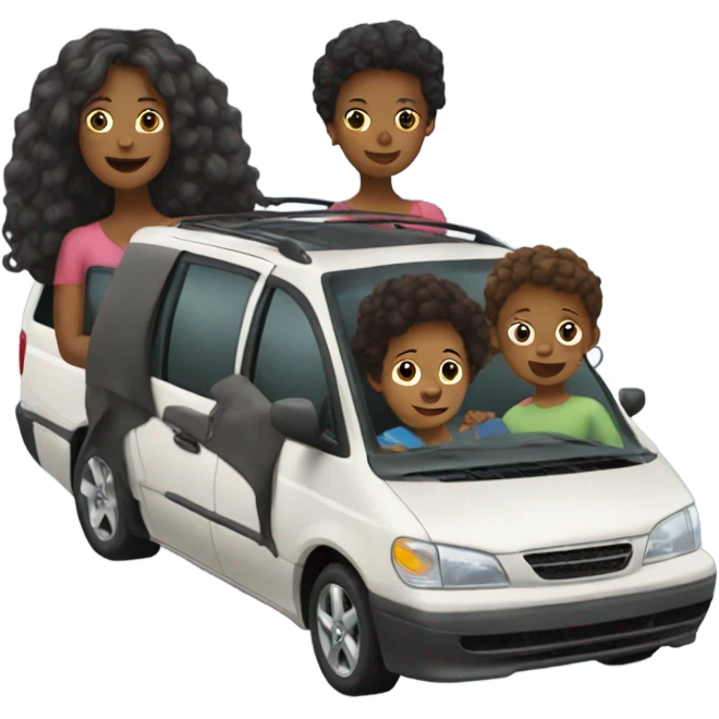 Minivan with black mom and three kids emoji