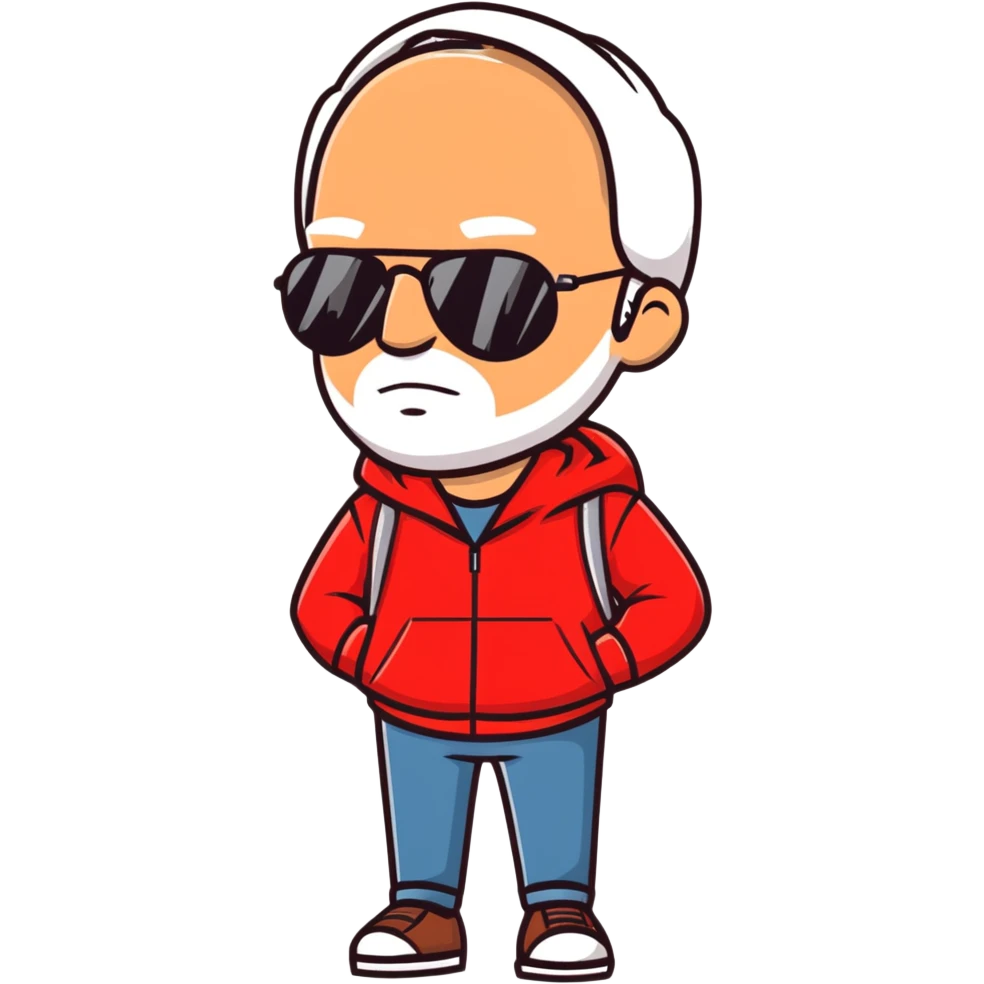 middle-aged 50-year-old man with slight wrinkles, aviator sunglasses, wearing a red hoodie emoji