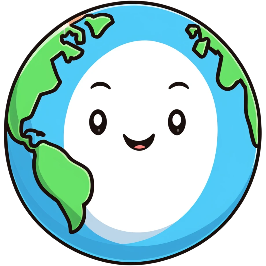 A colorful Earth globe with continents, oceans and a cute face emoji