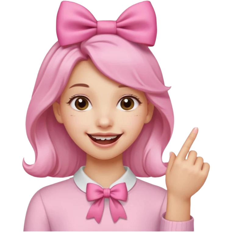 Chica sonriendo con un lazo rosa en la cabeza y mordiendose la punta del dedo indice con delicadeza y la otra mano que no salga emoji