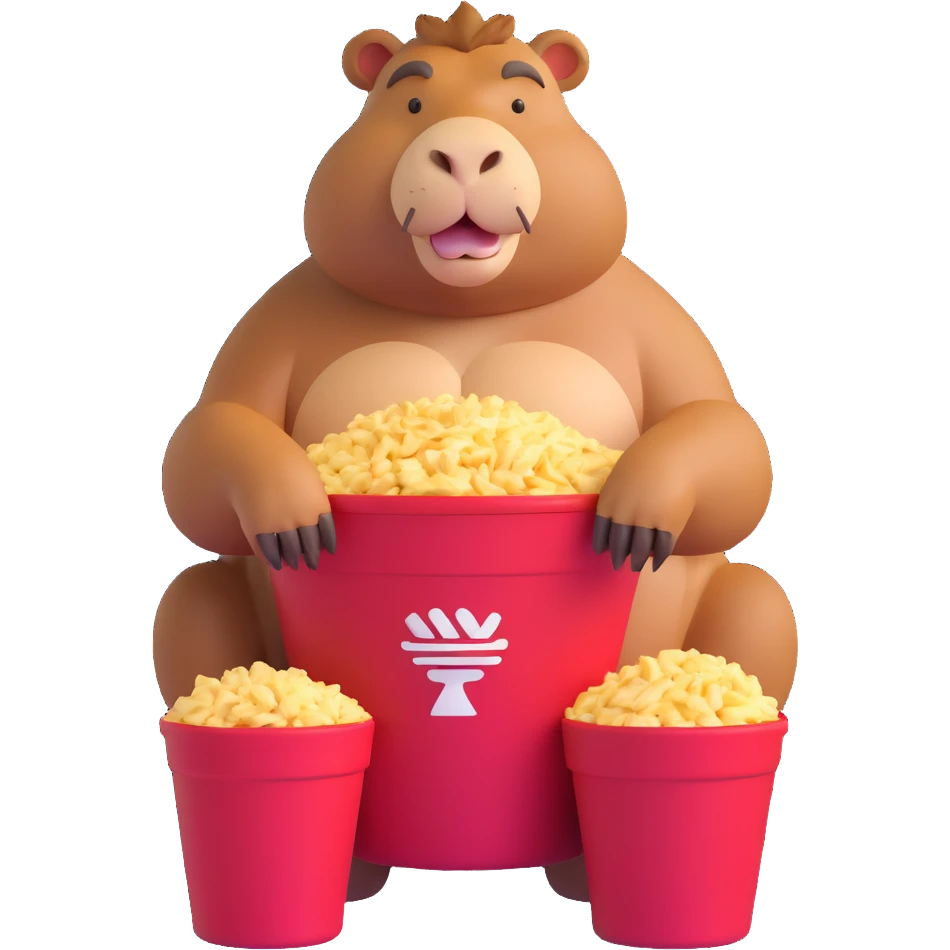 Muscular capybara with bulging muscles sitting in a KFC bucket emoji