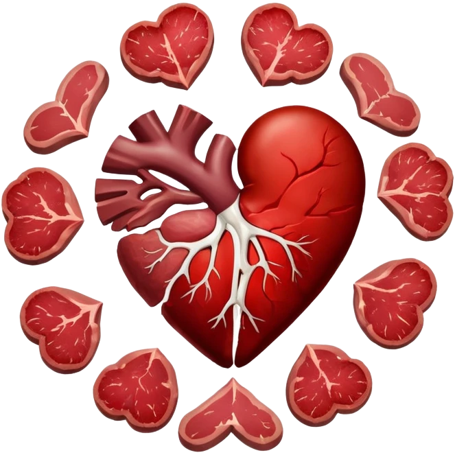 Several cuts of steak, beef, and liver arranged in a circle around a pulsing heart and bright red blood cells. Red energy flows from the meat into the blood cells, which then carry oxygen to the heart and muscles, representing iron's role in energy production. emoji