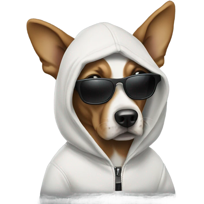 Dog with a hoodie and black sunglasses with a Glock emoji