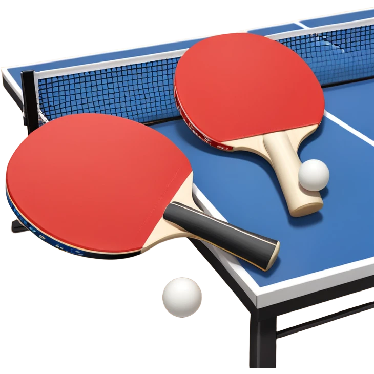 Two table tennis paddles and a ball placed on a ping pong table, with the net in the background. The scene conveys the simplicity and focus of the sport, with vibrant colors highlighting the rackets and ball on the smooth surface of the table. emoji