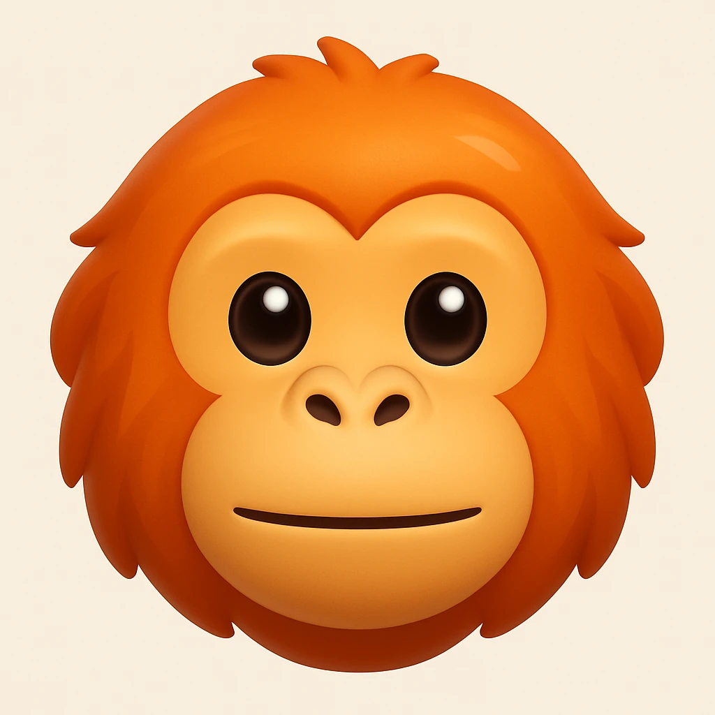 Make a more iOS emoji-like image that looks exactly like the reference: orangutan face, 3D, shiny, smooth gradients, soft shadows, and a friendly emoji look. Add a subtle highlight to the fur. The style should mimic the iOS emoji style with smooth shading and a friendly expression. emoji
