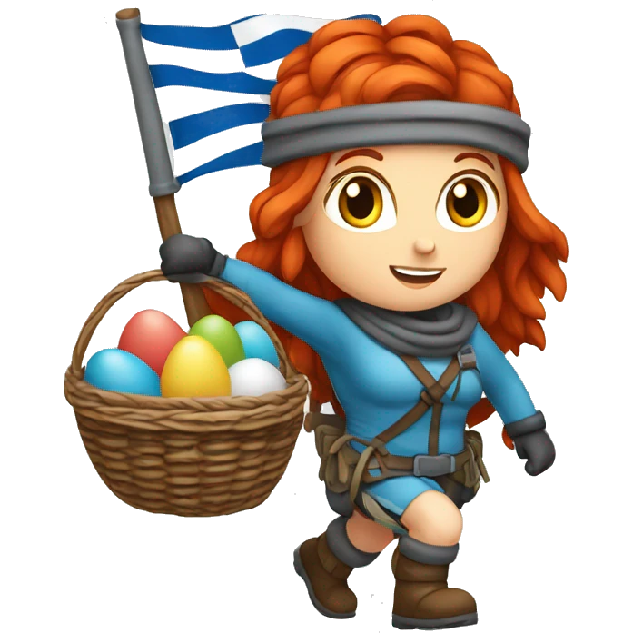 Female winter mountaineer red hair white skin climbing with Greek Flag and Easter eggs basket emoji