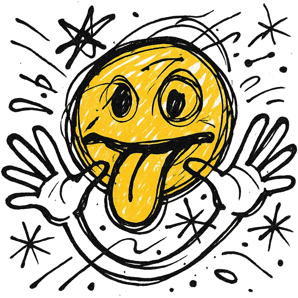 yellow emoji face sticking out tongue, both hands flat and horizontal across face, fingers spread, playful and chaotic energy emoji