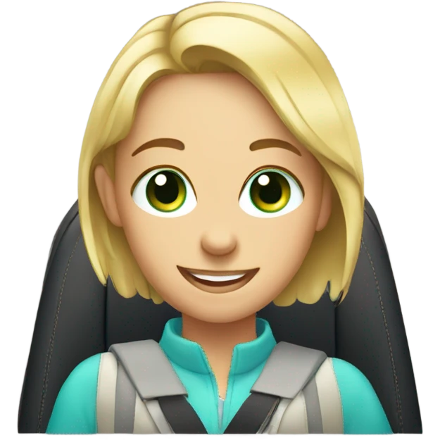 smiling girl in car interior with blue green eyes emoji