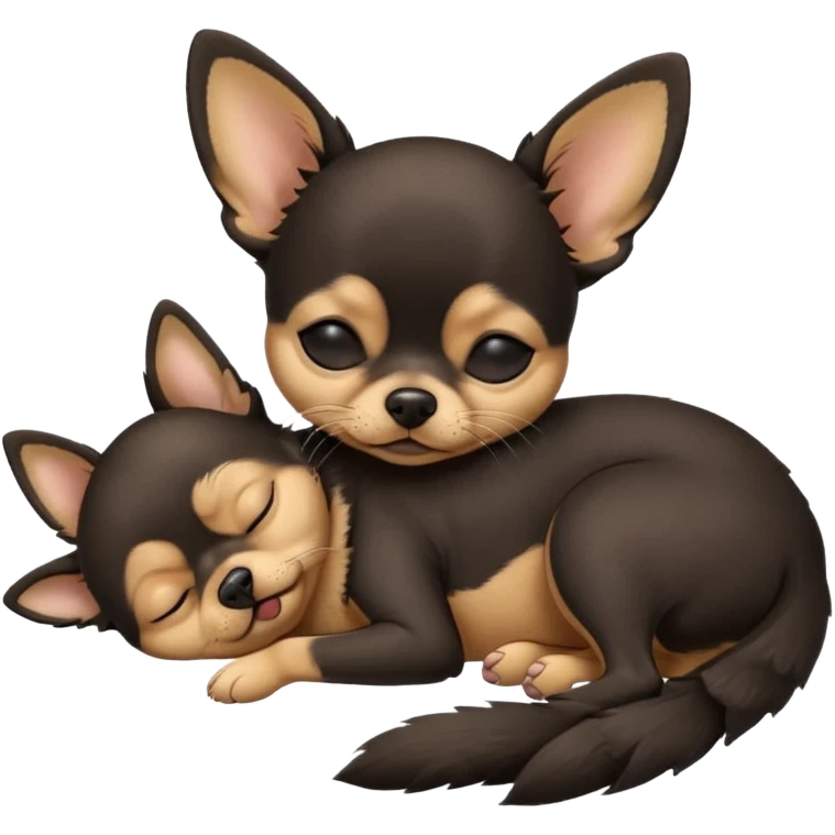 A high-resolution photo-realistic digital illustration of a cute black and tan chihuahua with eyes closed shut sleeping lazily on the ground emoji