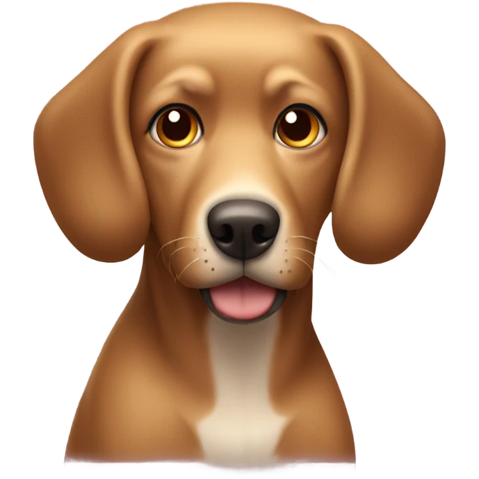 Brown dog with big old head and brown playful eyes wearing a blonde wig with bangs emoji