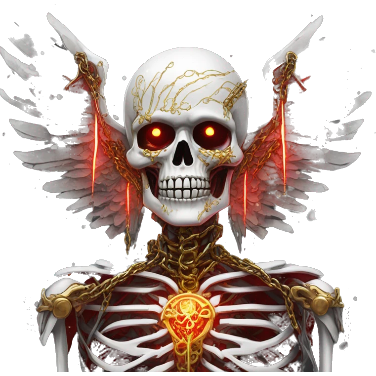 White skeleton zombie person covered in golden chains and black graffiti scribbles and red and silver doodles wings made of neon lightning snowing snowflakes emoji