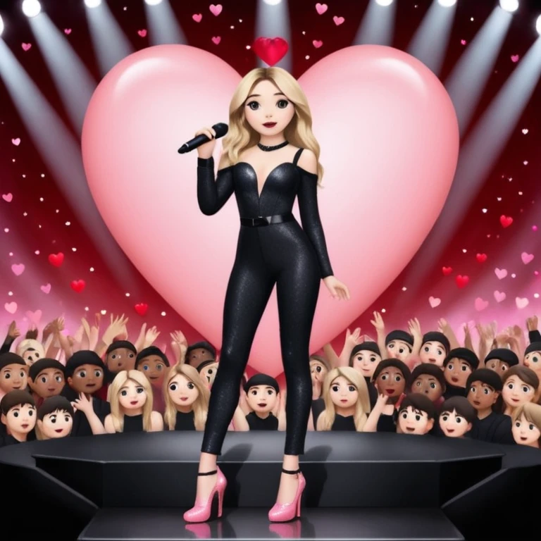 Sabrina carpenter singing at concert wearing a black sparkle jumpsuit and black hyper sparkle heels. There is a huge crowd and light pink stage setting. She is standing in the center stage part that is in the shape of a red heart and it extends from the main stage  emoji