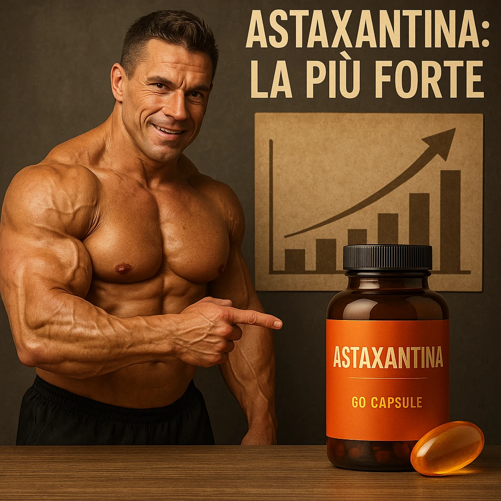 hyper realistic bodybuilder pointing at Astaxantina bottle in front of chart, sculpted muscles, orange and golden capsule next to it, text 'Astaxantina: la più forte', motivational atmosphere emoji