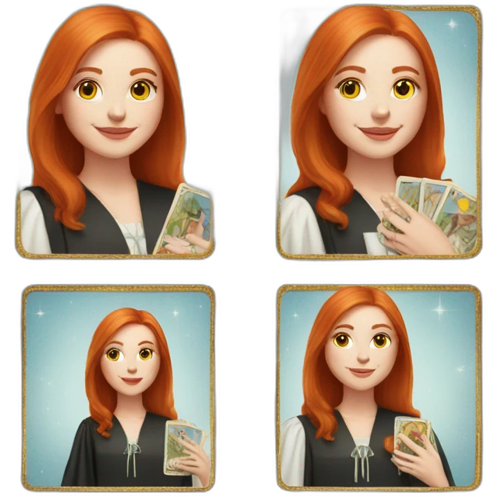redhead white woman medium long straight hair, celebrating graduation with tarot cards emoji