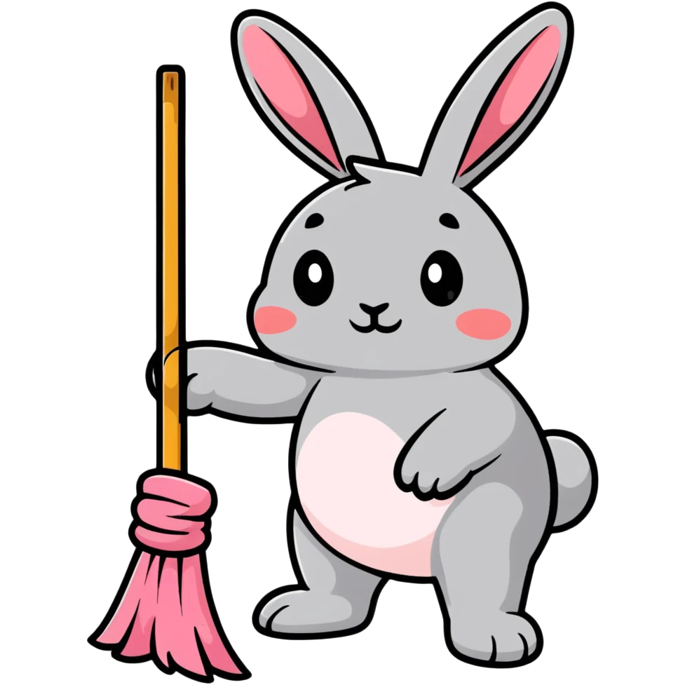 rosy bunny sweeping floor with broom emoji