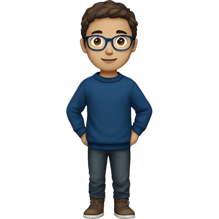 winter, christmas, young boy, short  brown hair, brown eyes, hispanic, dark blue sweater, full body, blue glasses emoji