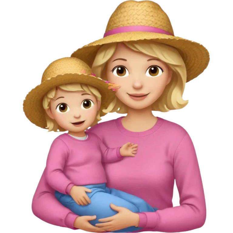 A cheerful wavy short blond hair mom in a straw hat carrying her child, wearing a pink sweater emoji