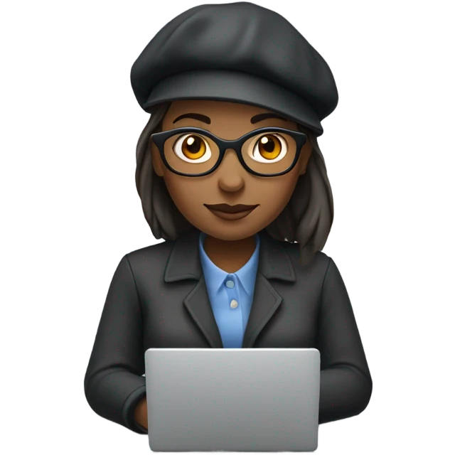 woman wearing beret hat and glasses with a laptop in medium-dark skin tone emoji