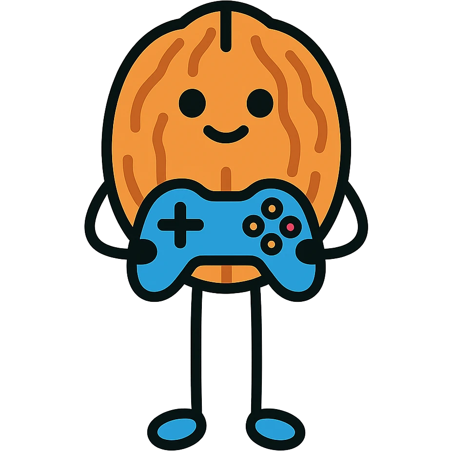 A standing walnut holding a game controller emoji