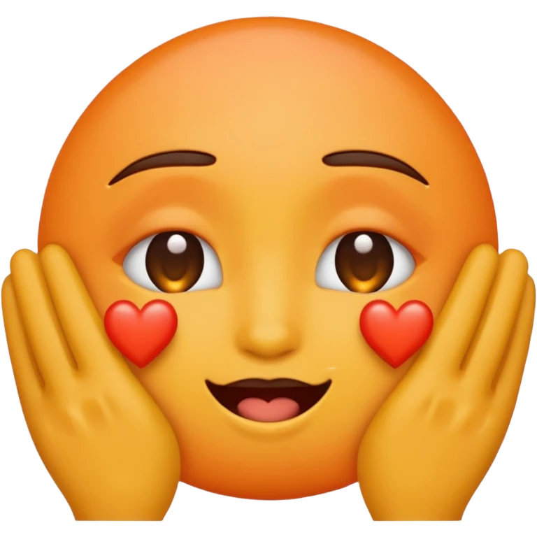 Blushing emoji covering its eyes with its hands. Orange hearts surrounding it  emoji
