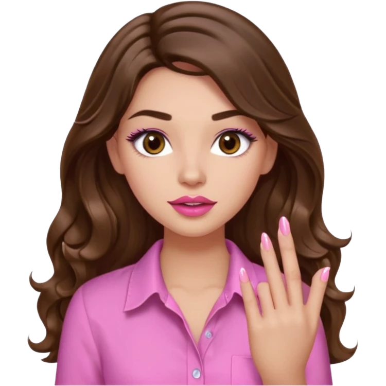 girl with long wavy brown hair, brown eyes, light to medium complexion, in a pink shirt, pink lips, long lashes, puckered lips,  showing  finger nails emoji