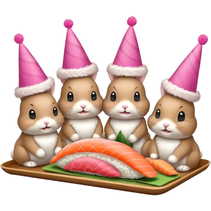 four bunnies together eating sushi at a birthday party, playful, sushi platters, birthday banner emoji