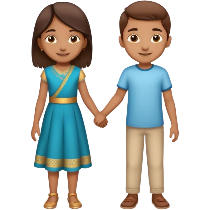 Indian boy and girl holding hands, boy lighter brown, girl medium brown, both children age 5-6, cheerful expressions emoji