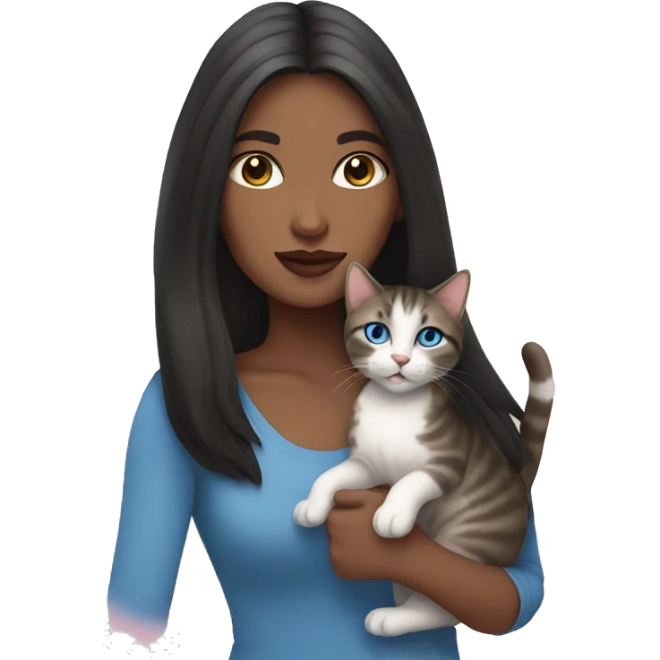 Woman with dark long hair, pink lips and blue eyes holding a tabby cat  emoji
