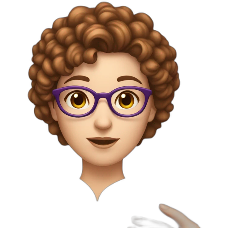 white girl not wearing glasses and really short brown curly hair reading a purple book emoji