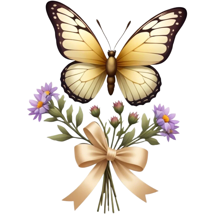 A delicate glass-winged butterfly hovering above a bundle of dried flowers tied with a soft satin bow.
 emoji