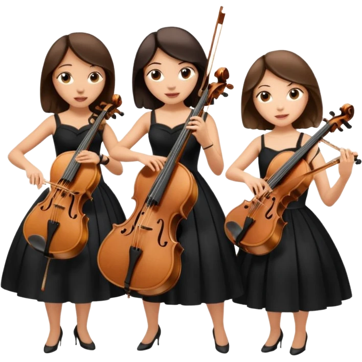 Create an imagine of three brunette women playing string instruments in black dresses, the first is playing a cello, the second is playing a viola and the third is playing the violin emoji
