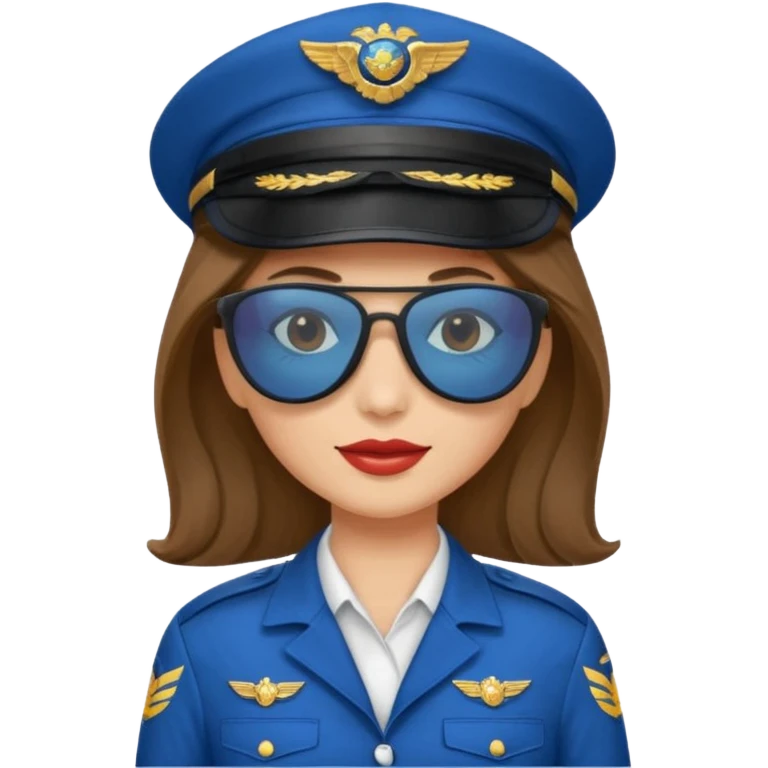 pilote d'avion femme cheveux brun clair avec sunglasses et chapeau de pilote et uniforme bleu emoji