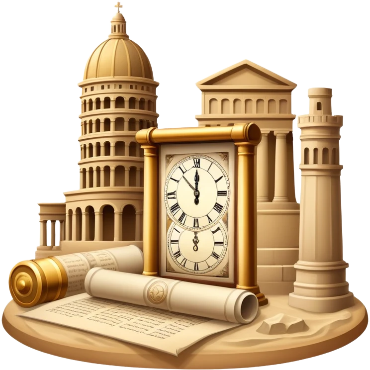 icon featuring ancient scrolls, quill pen with famous historical landmarks and monuments in the background like colliseum. Large, antique sand clocks with sand pouring out represent the passage of time. Historical figures are depicted as statues. Transparent background. emoji